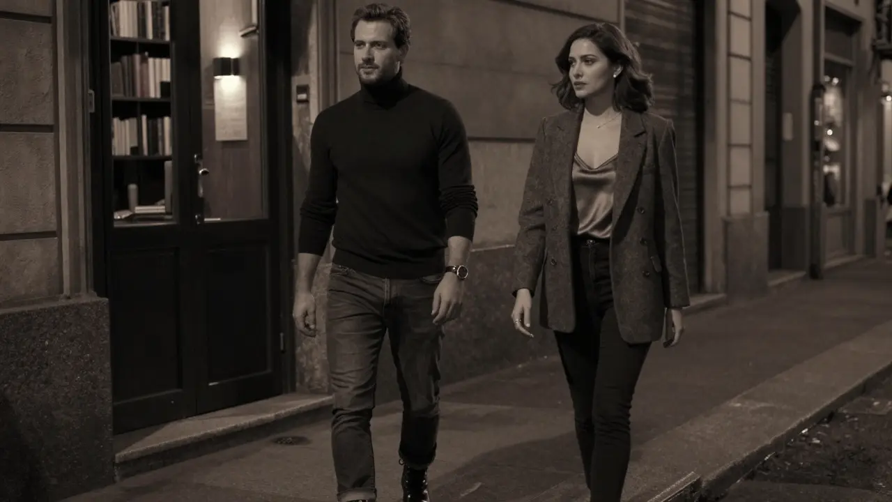 A couple walks down a quiet Milan street at night, dressed in minimalist, elegant attire with no visible logos or accessories.