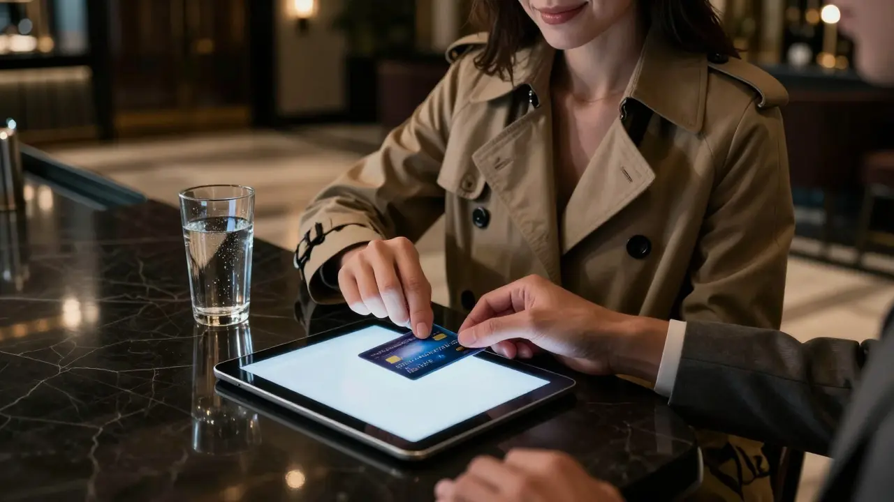 A credit card being placed on a tablet in a hotel lobby bar, symbolizing a secure and discreet transaction.
