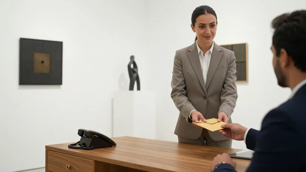 A discreet private office disguised as an art gallery, where a concierge hands a sealed envelope to a client.
