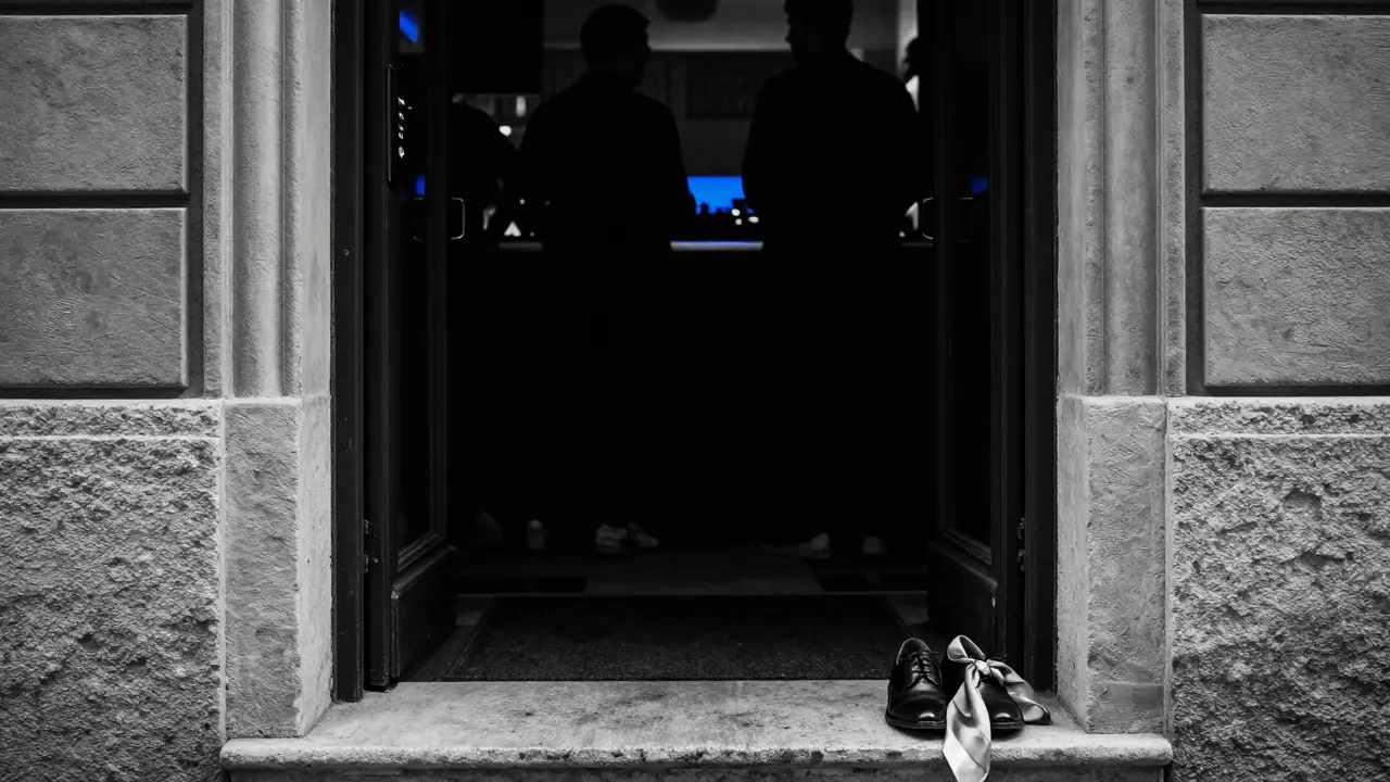 A hidden door with a keypad glows faintly in the dark, hinting at an exclusive after-party inside.