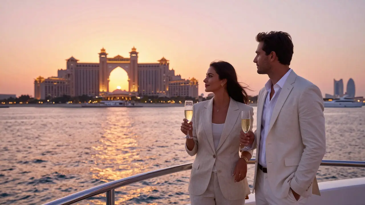 A man and woman on a private yacht at sunset, Emirates Palace glowing in the distance.