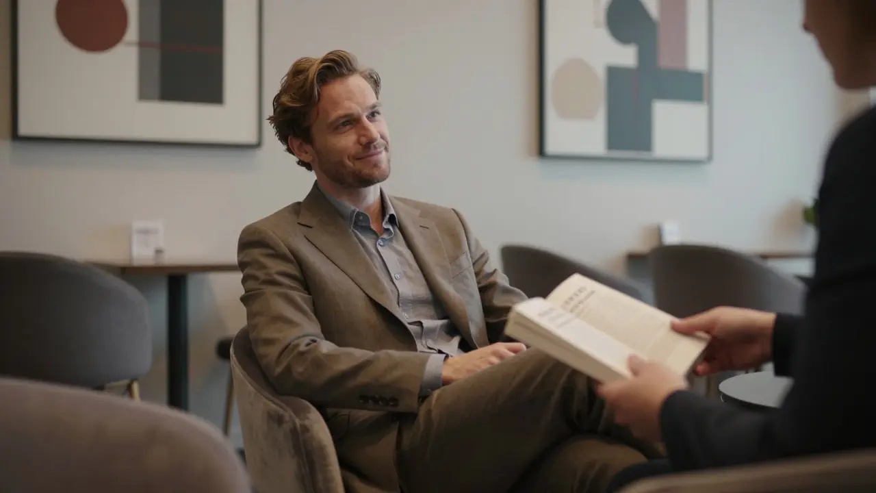 A man in a suit receiving a book from a companion in a sleek hotel lounge, relaxed and at ease.