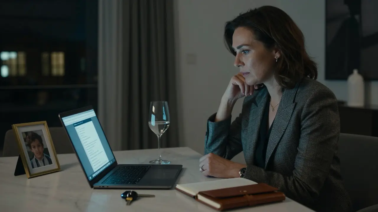 A mature female escort works quietly in her London flat, illuminated by a laptop screen and surrounded by personal items.