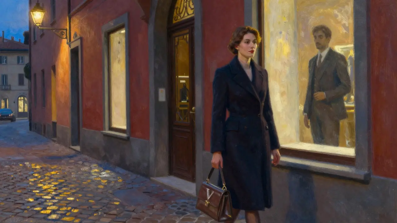 A poised woman in a tailored coat walking through Brera at dusk, passing a hidden gallery entrance under warm streetlamps.