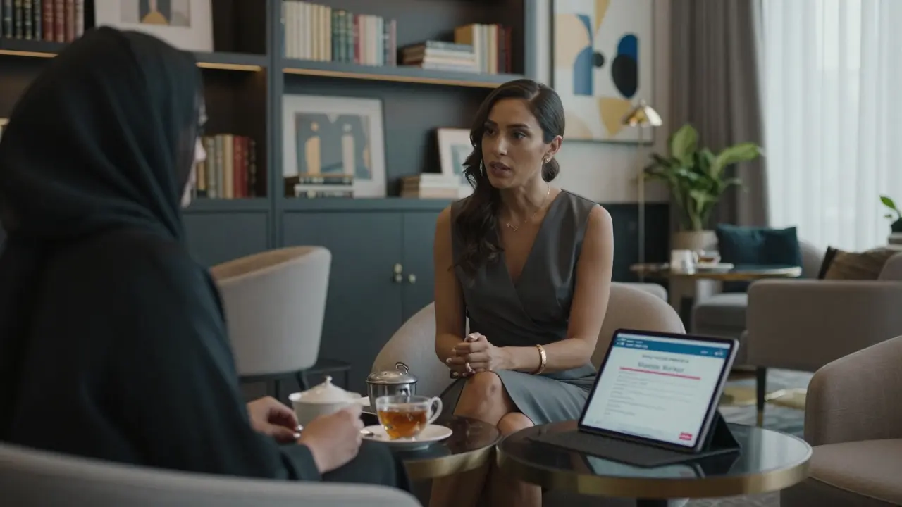 A professional companion and client having tea in a luxurious hotel lounge, surrounded by art and books.