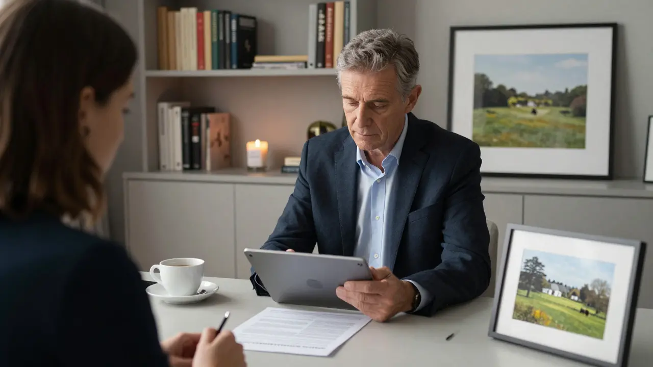 A professional companion reviewing a client&#039;s profile in a refined Mayfair study, surrounded by books and calm ambiance.