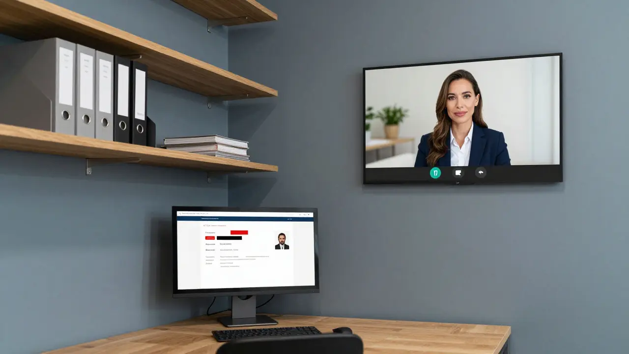 A professional escort agency office with a redacted ID verification screen and video call displayed, emphasizing safety and trust.