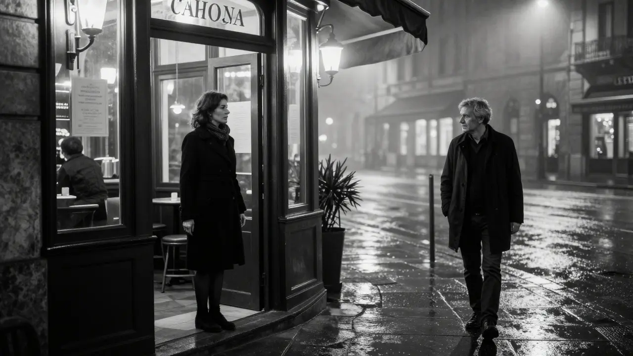 A respectful goodbye outside Caffè Cova, with the man walking away into the night.