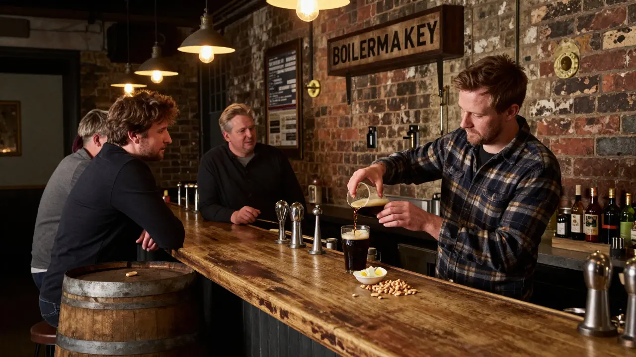 A rustic beer bar with wooden barrels and a bartender pouring craft ale, patrons engaged in quiet conversation.