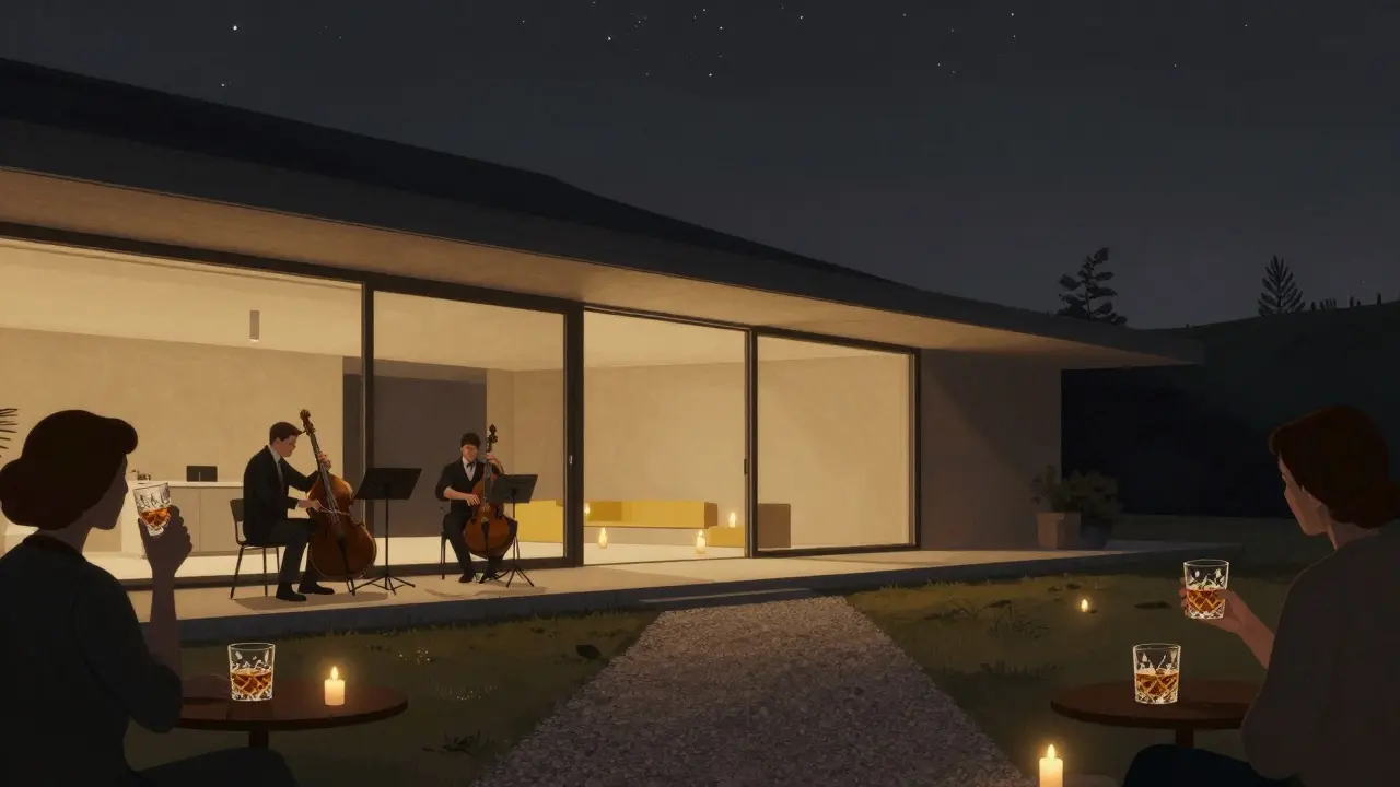 A secluded hillside villa at dawn with candlelight glowing through windows, a jazz trio playing quietly under the stars.