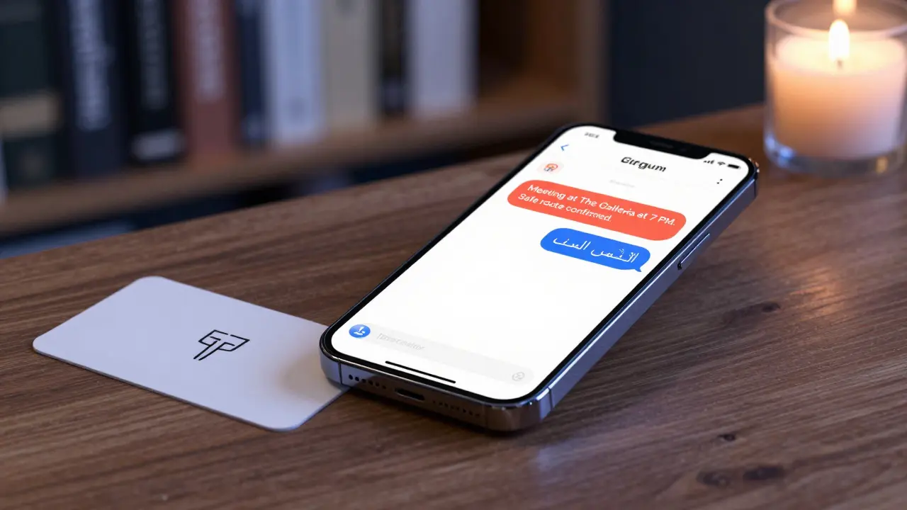 A smartphone displaying an encrypted message exchange on a wooden surface with a candle nearby.