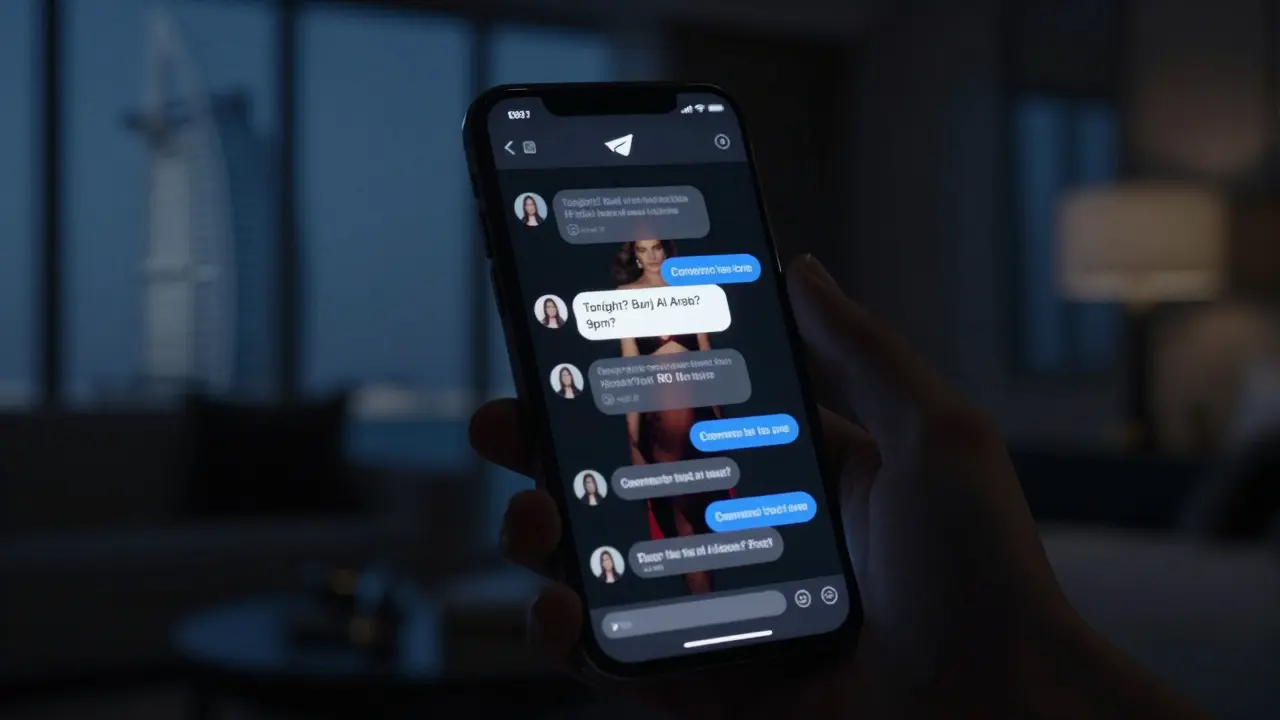 A smartphone screen displays encrypted messages in a dark room, hinting at a secret escort booking in Dubai.