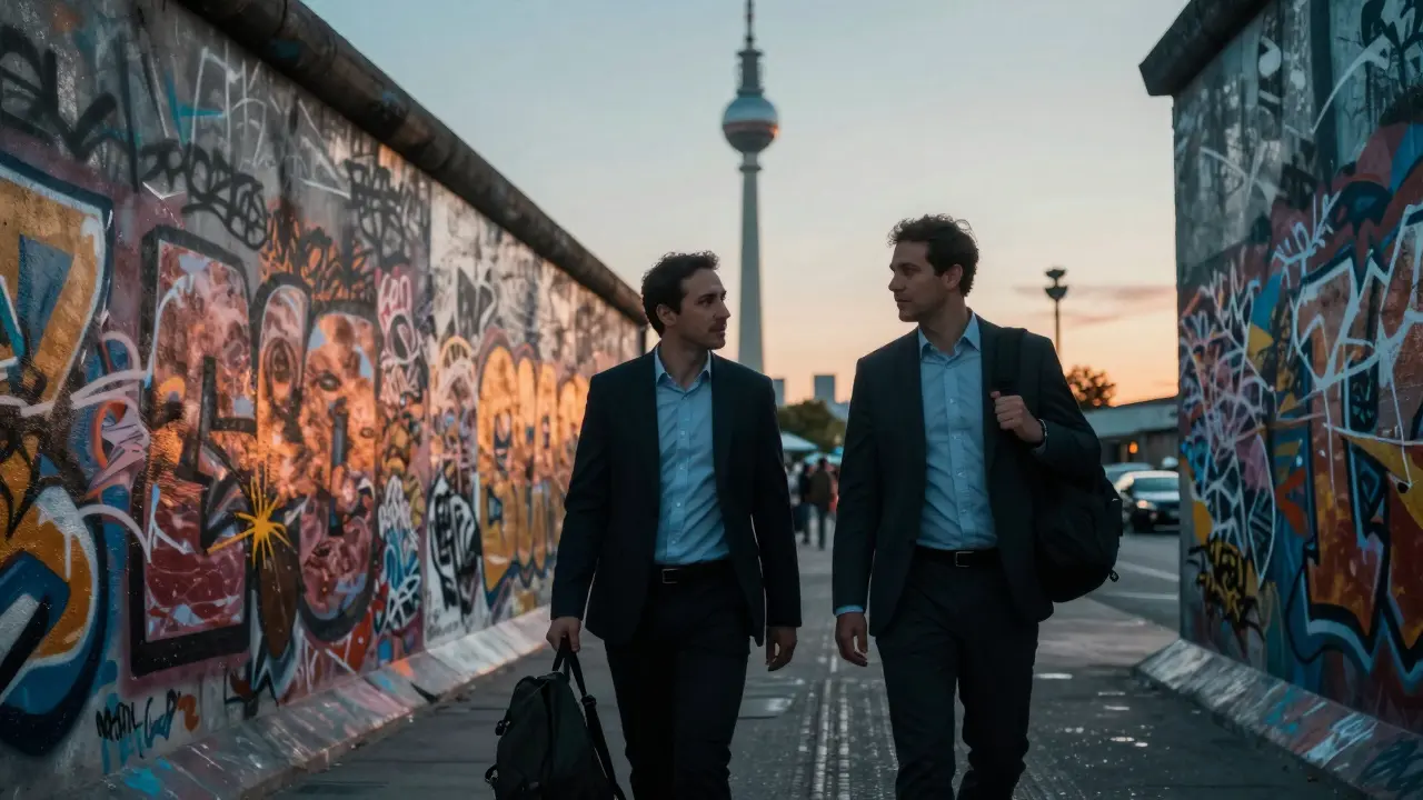 A traveler and companion walking along the East Side Gallery at dusk, engaged in thoughtful talk.