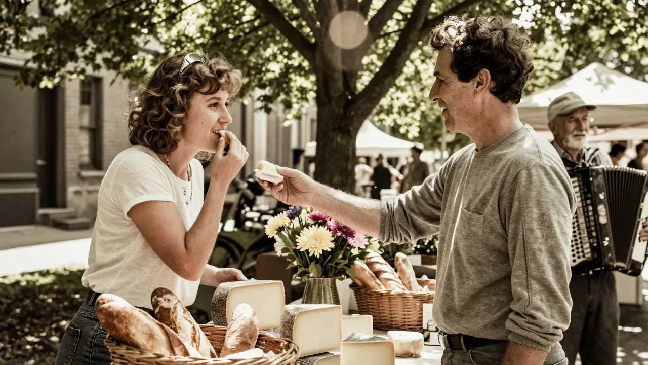 A visitor tasting cheese at a vibrant Sunday market in Belleville, surrounded by fresh bread and flowers.