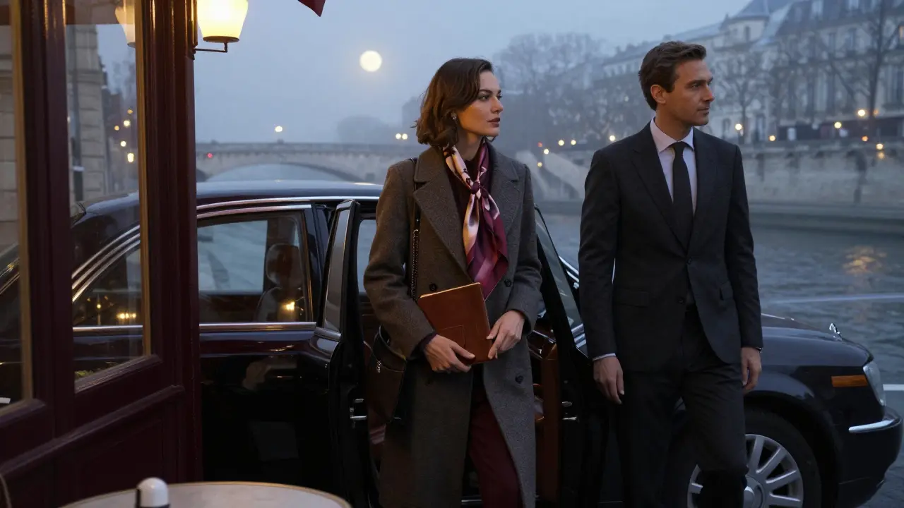 A well-dressed couple steps out of a luxury car outside a hidden Parisian bistro, the city softly lit by moonlight.
