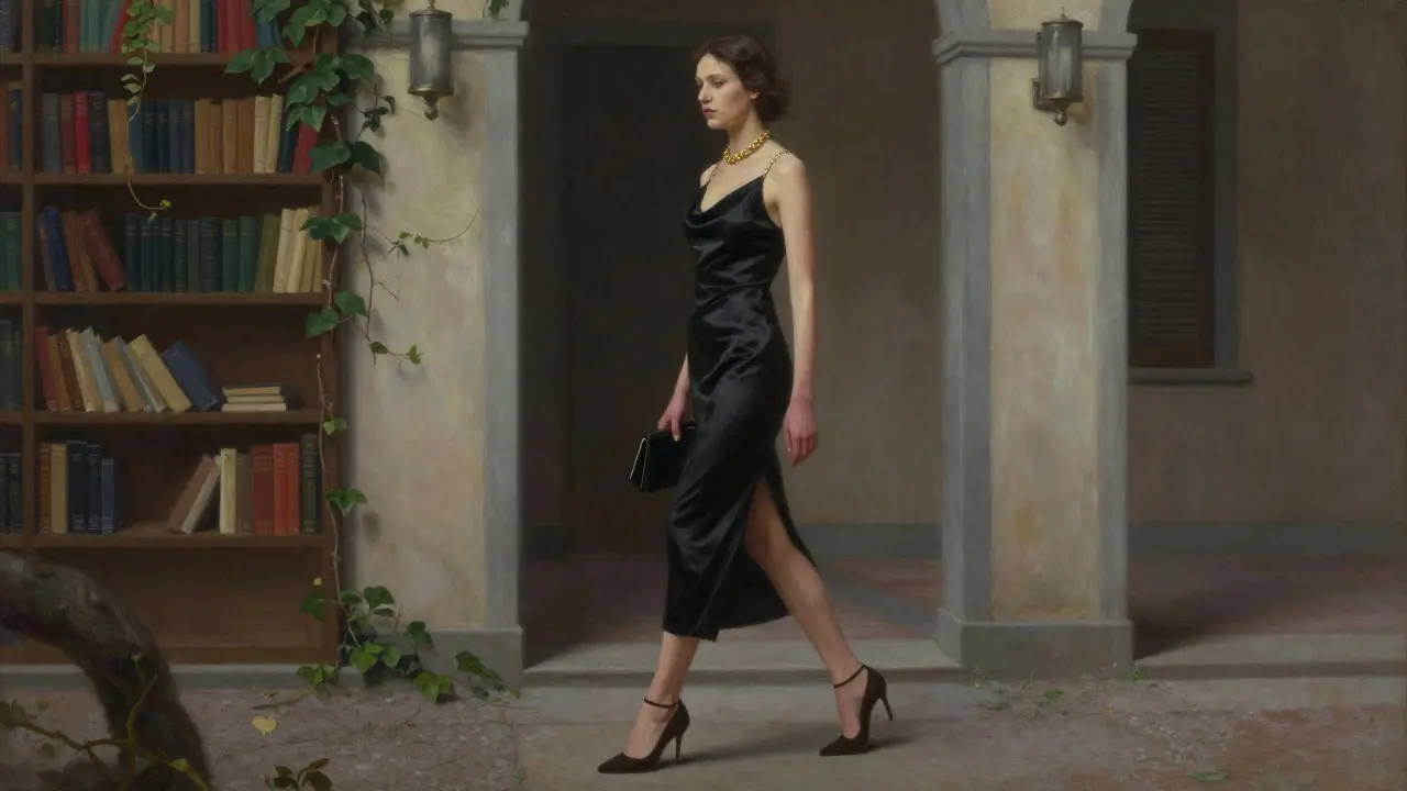 A woman in a black silk dress walks through a dim courtyard in Brera, holding a small clutch, lit by soft vintage lamps.