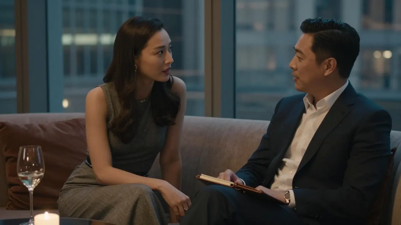 A woman listening intently to a man in a luxurious Mayfair lounge, candlelight casting soft shadows.