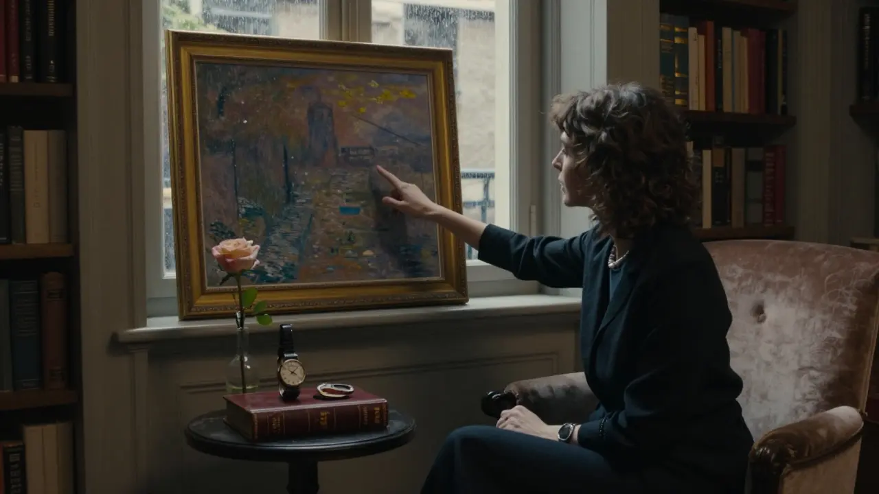 A woman pointing to a painting in a book-lined study, sharing a thoughtful moment with a client.