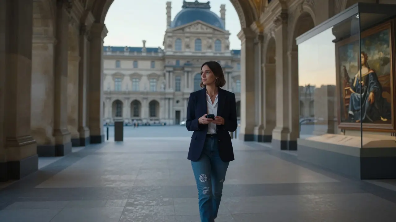 A woman walking alone through the Louvre at dawn, her reflection visible in an art case, no other visitors.