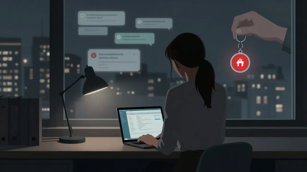 A woman works in a co-working space, her reflection showing encrypted messages and a panic button on her keychain.