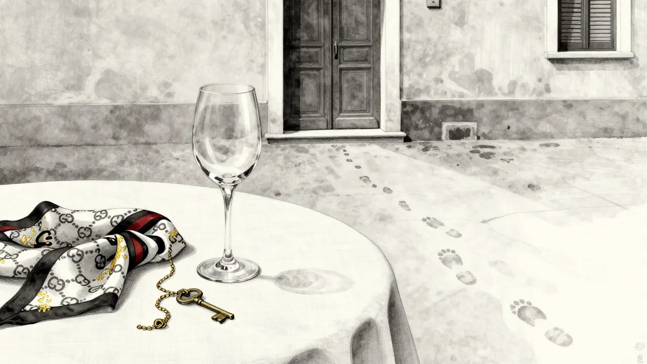 An abstract still life of a wine glass, silk scarf, and vintage key on a linen table, evoking quiet elegance in Milan.