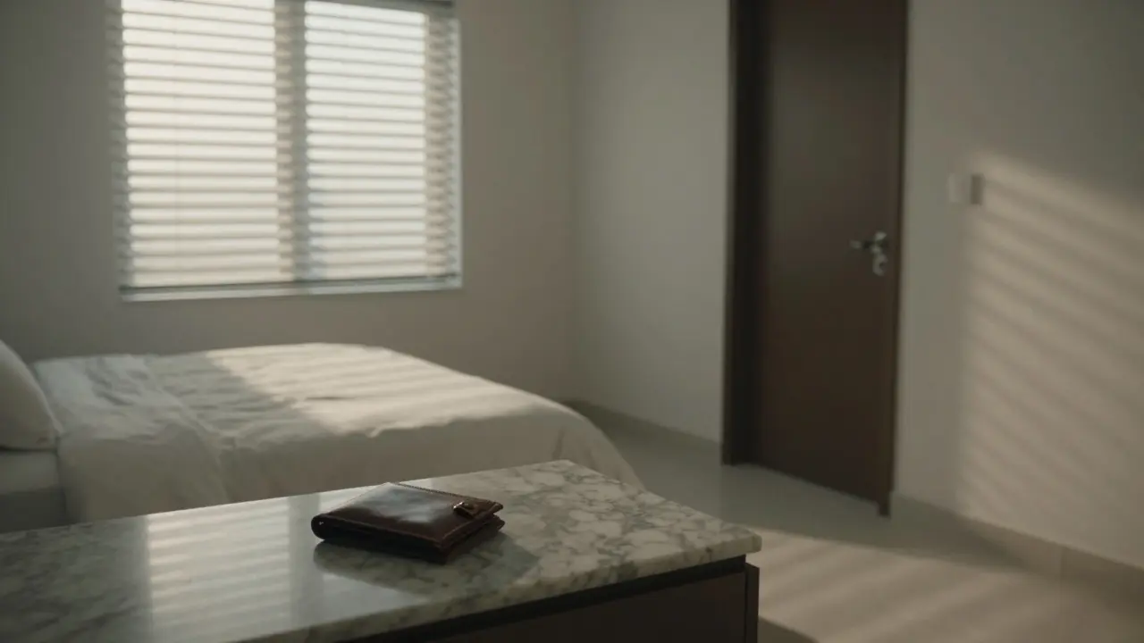An empty luxury apartment at dawn with a wallet left on the counter, door slightly open, suggesting a recent departure.
