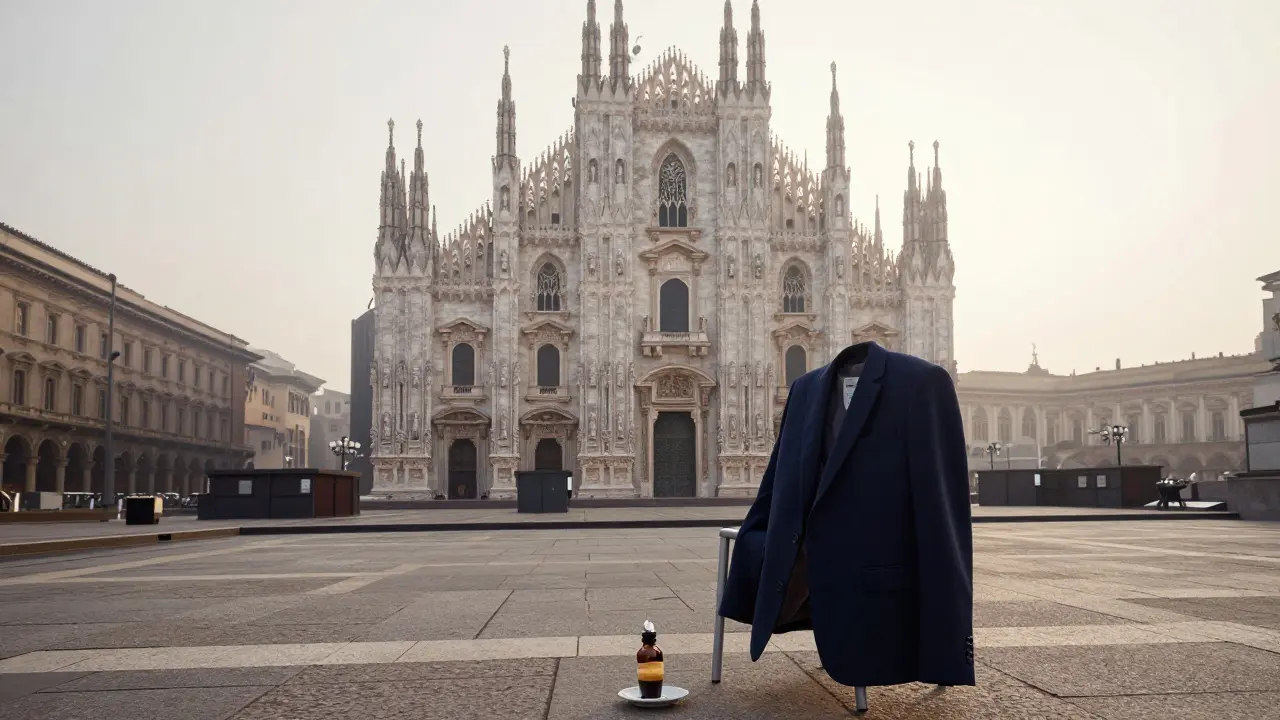 An empty terrace overlooking the Duomo holds a blazer and bergamot soap, suggesting a respectful farewell.