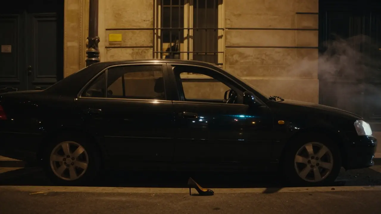 An unmarked black car in a quiet Paris alley at night, a single high heel on the curb under a streetlamp.
