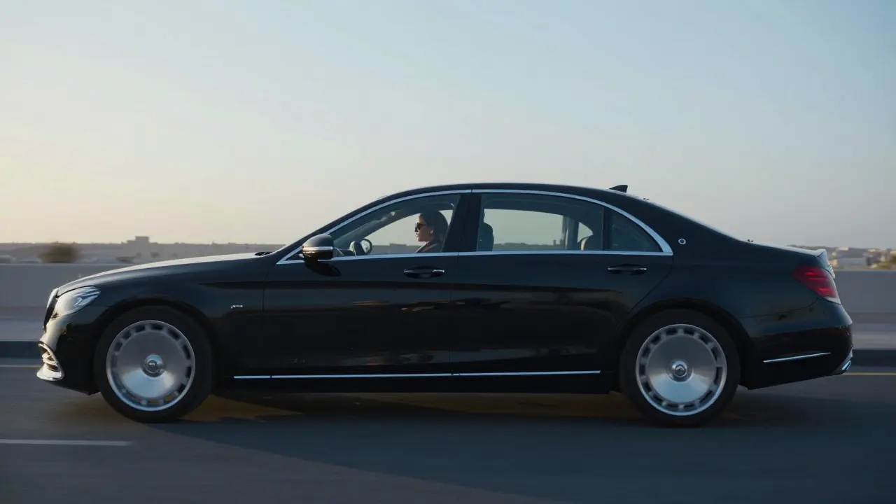 An unmarked luxury sedan drives silently through Dubai's streets at dawn, windows tinted, no visible occupants.