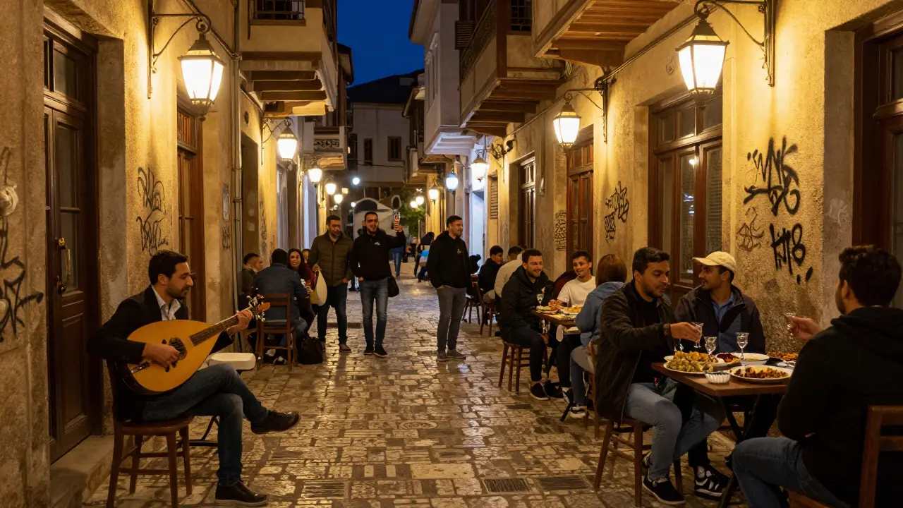 Asmali Mescit alley at night with street musicians, locals drinking rakı, and warm lantern light on stone walls.