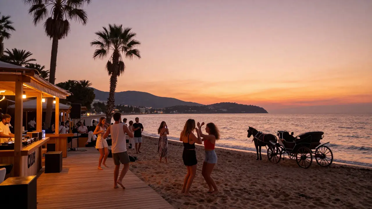 Beach club on an island at sunset, people dancing barefoot on sand with palm trees and waves in the background.