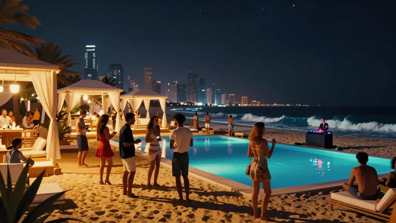 Beach club party at night with poolside lights, DJ, and waves under a starry sky.