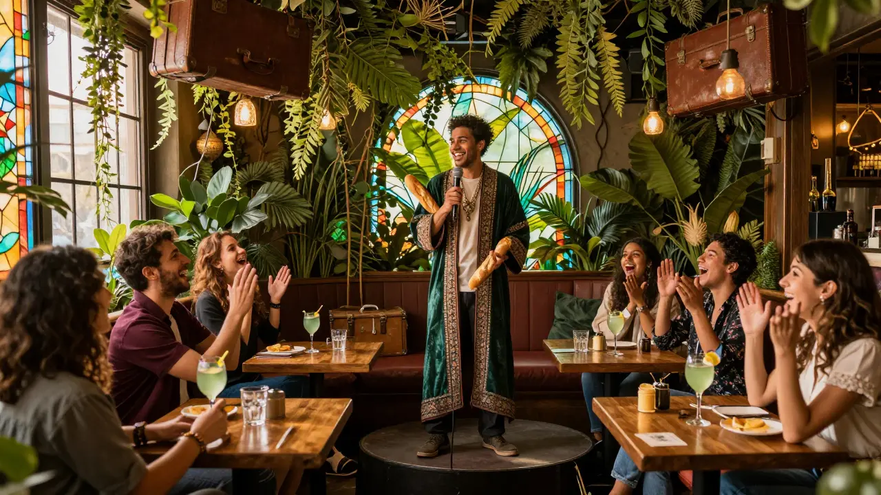 Comedian holding a baguette on stage in a jungle-themed lounge as audience reacts with laughter.