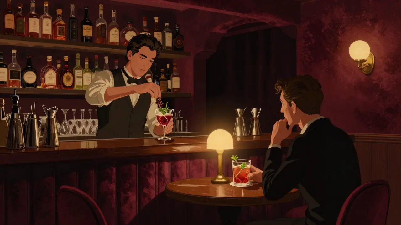 Cozy hidden bar with velvet walls and a bartender mixing Turkish herbal cocktails in low light.