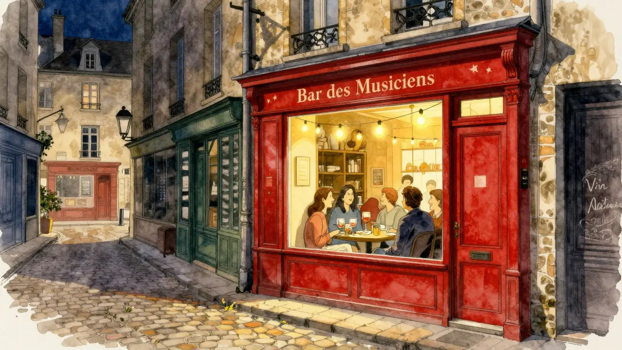 Cozy interior of a hidden Le Marais bar with red door, patrons laughing over wine glasses under string lights.