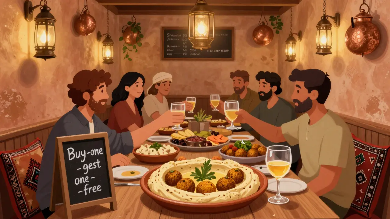 Cozy Lebanese tavern with shared mezze platters and warm lantern lighting