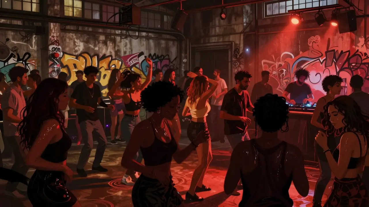 Crowd dancing in a warehouse club with dim lights and graffiti walls, raw underground vibe.