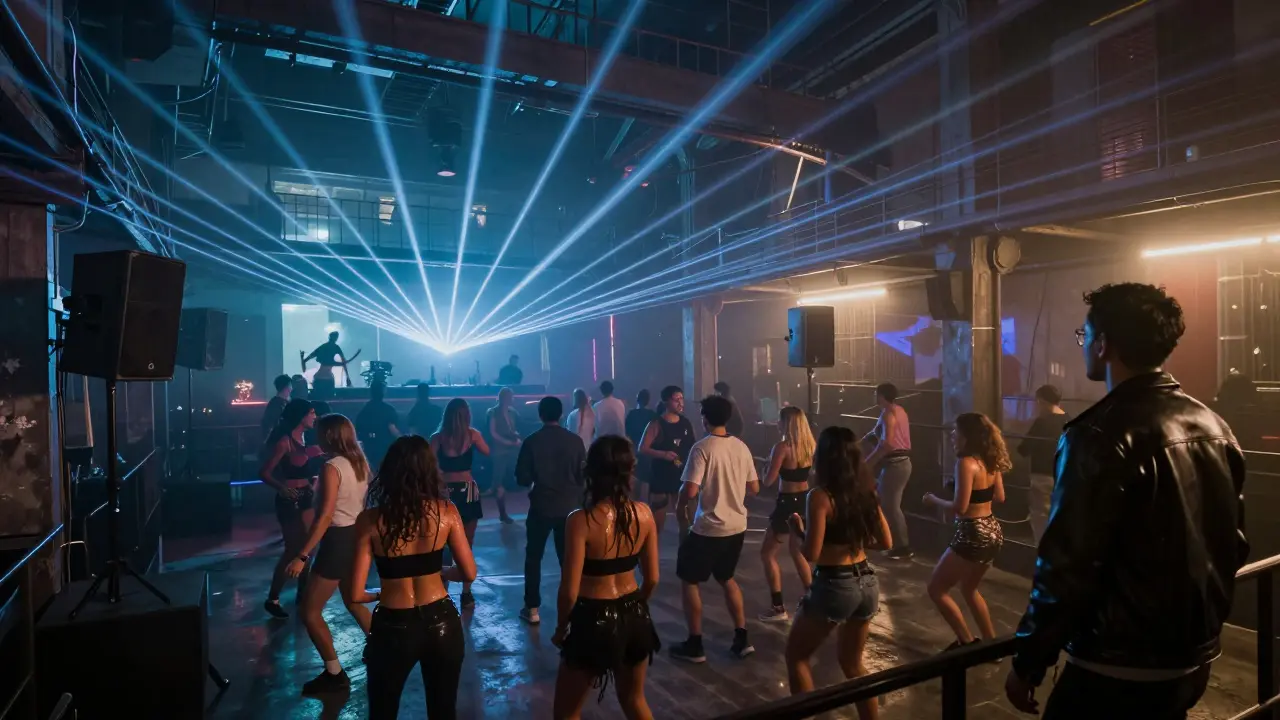 Crowd dancing in Printworks club under strobing lights and massive speakers, industrial setting.