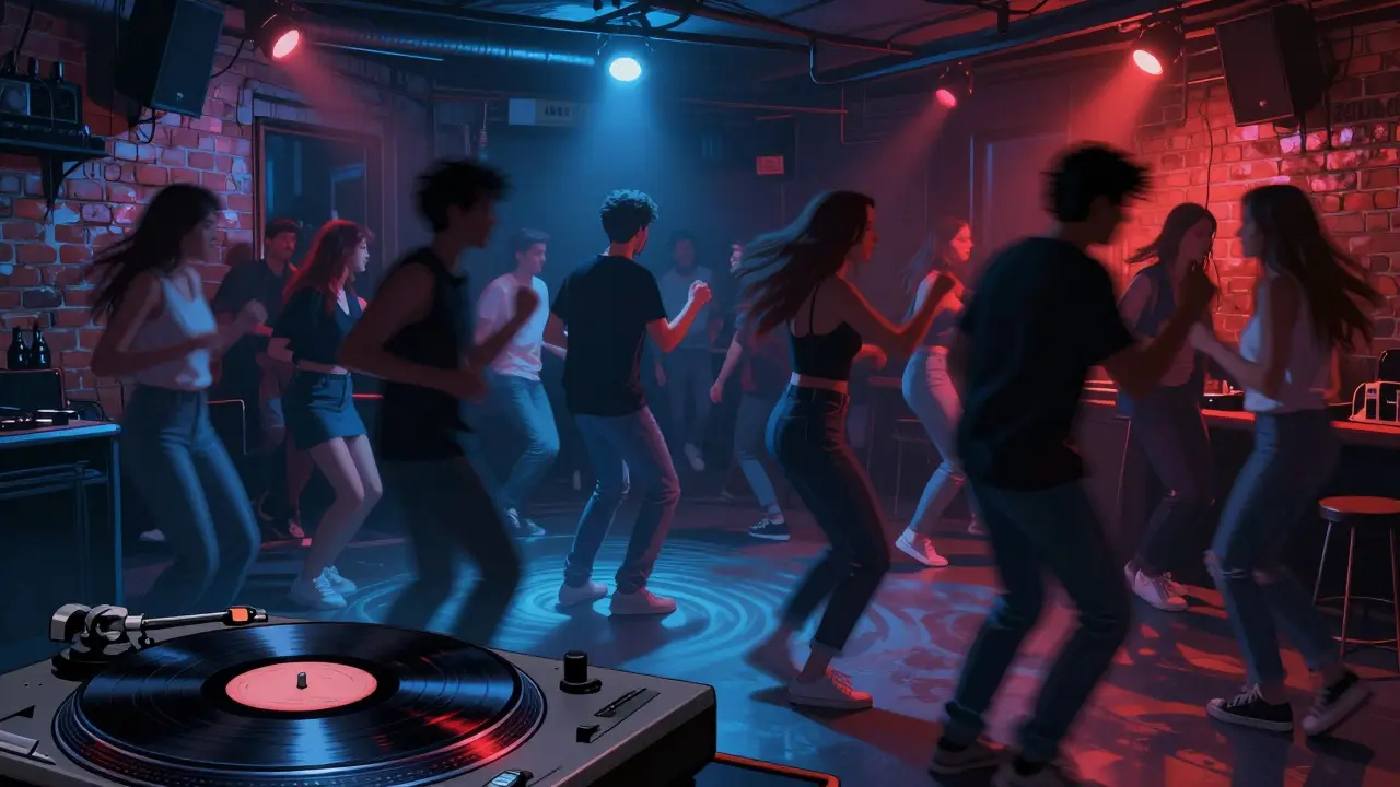 Crowd dancing inside Karma club under pulsing lights, brick walls and vinyl turntable in foreground.