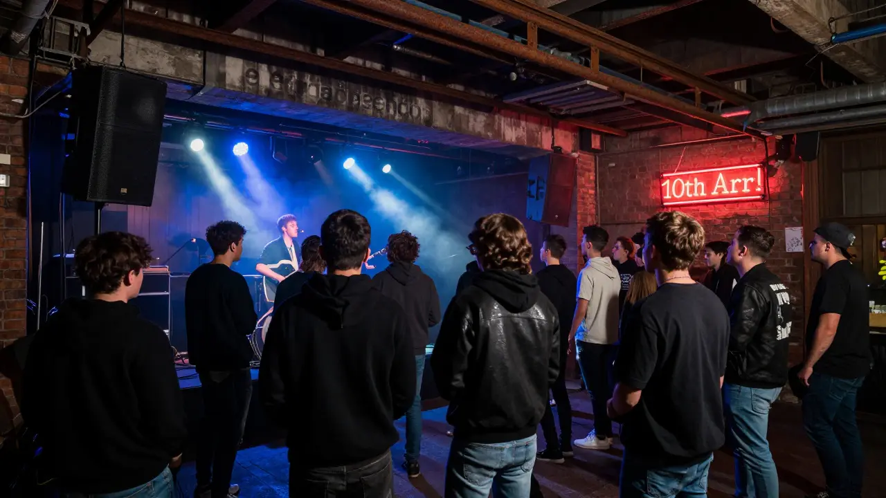 Crowd of young men dancing to live music in a converted train station nightclub with exposed brick and pulsing lights.