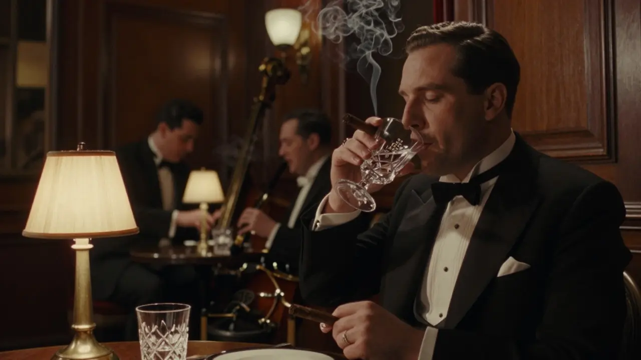 Dim 1920s lounge with jazz trio and billionaire sipping rare wine, cigar smoke curling in soft light.