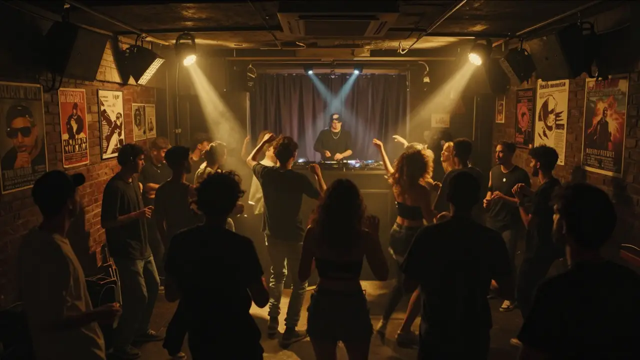 Dim underground club with diverse crowd dancing under pulsing lights and smoke-filled air.