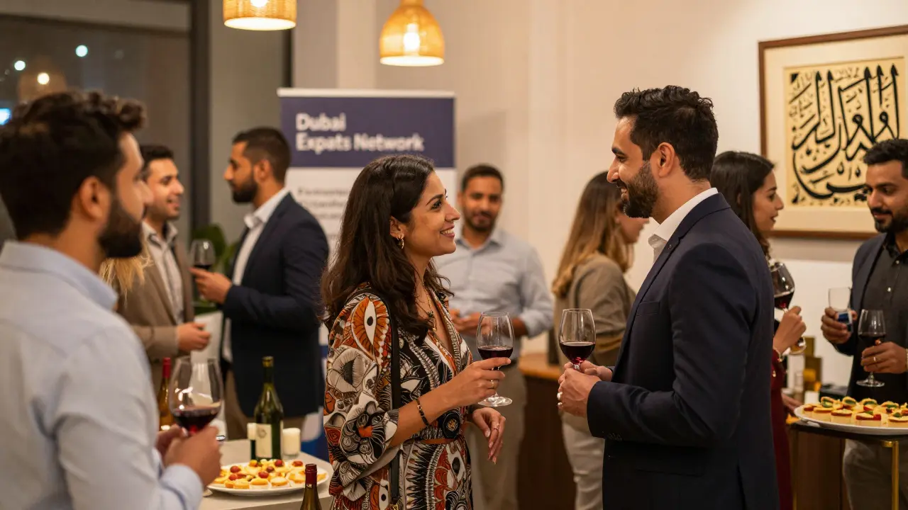 Diverse expats socialize at a networking event in Dubai, engaging in genuine conversation under warm ambient lighting.