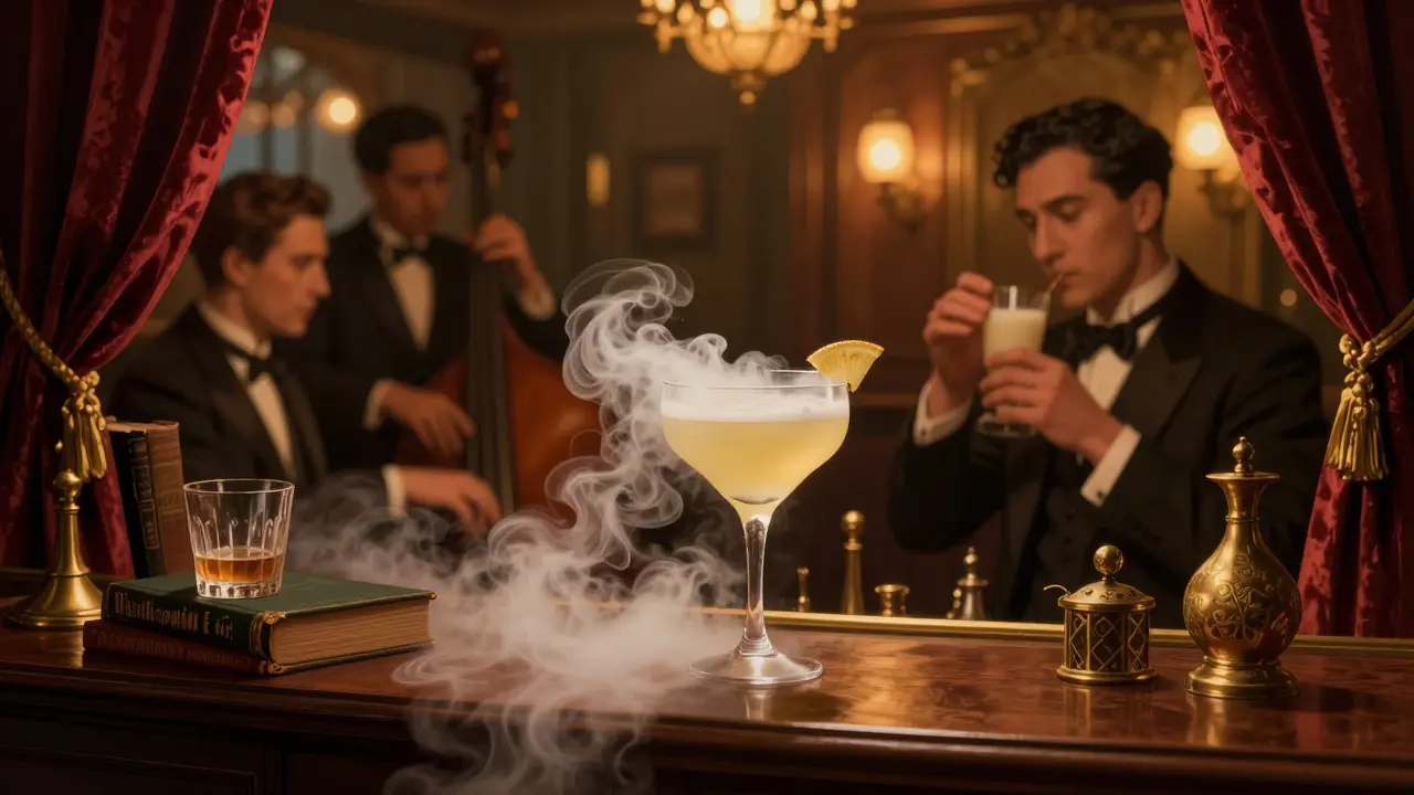 Elegant 1920s-style bar with patrons sipping smoked honey cocktails under warm lighting