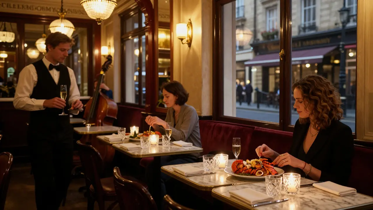 Elegant couple dining at The Wolseley late at night, candlelight glinting off crystal glasses.