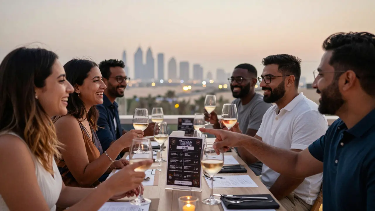 Expats laughing at a rooftop wine tasting in Dubai, city lights and desert skyline behind them.
