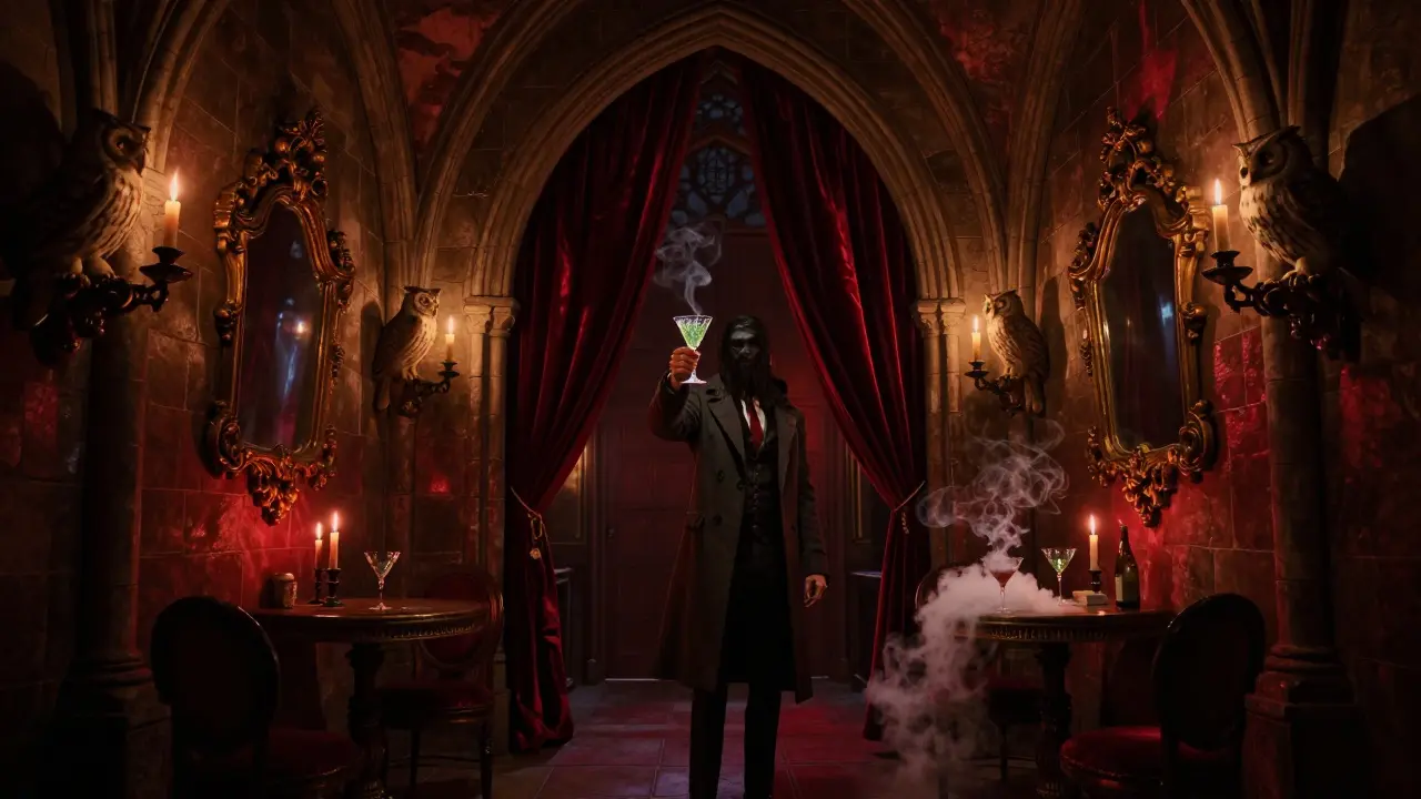 Gothic underground club with candlelight, velvet drapes, and taxidermied owls in moody ambiance.
