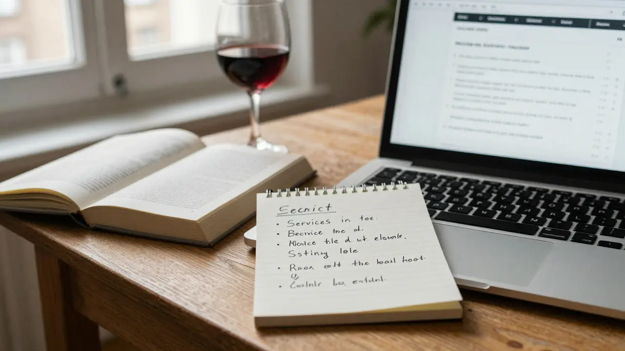 Handwritten notes and a book beside a laptop displaying a clear escort profile with bullet points.