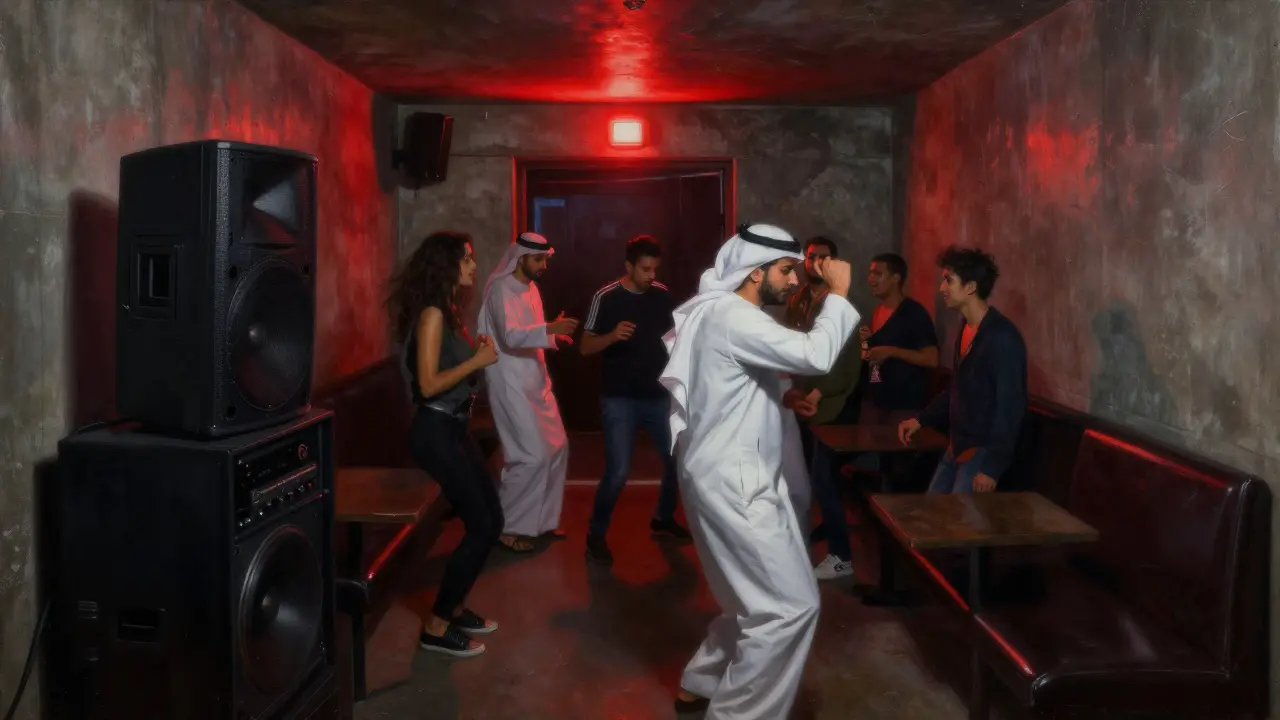 Hidden basement party with red light, concrete walls, and silhouettes dancing to deep bass.