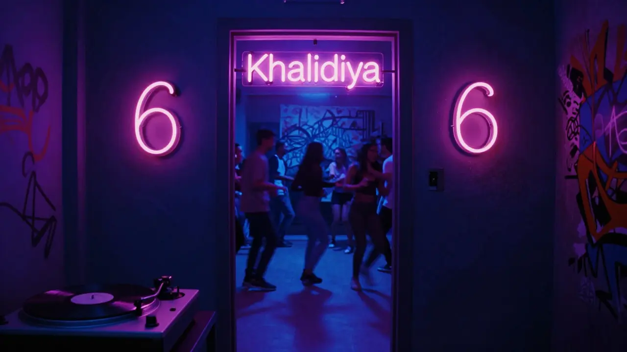 Hidden underground bar with retro neon lights and people dancing to vinyl records.